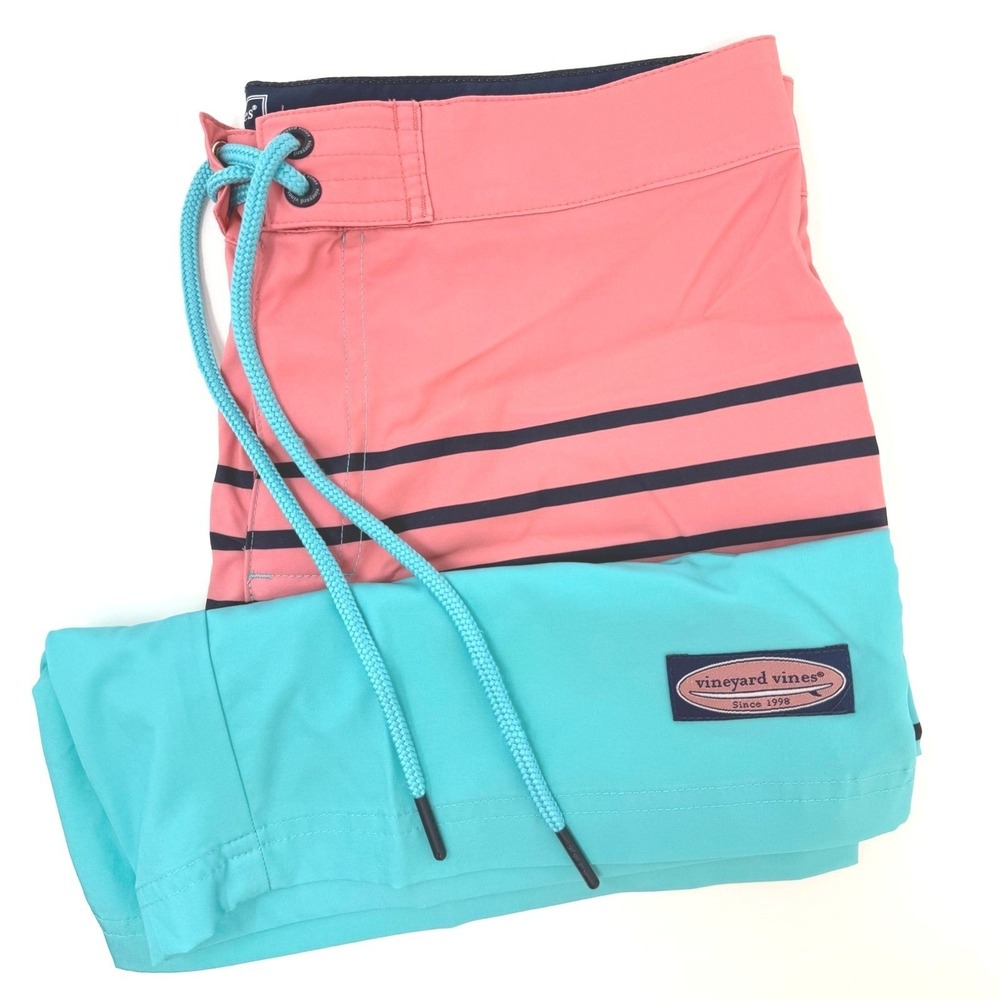 Vineyard Vines Mens Size 30 Performance Board Shorts Pink Turquoise‎ Striped